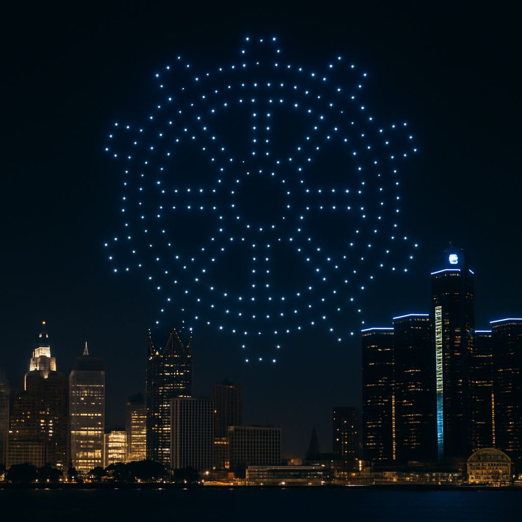 Glyphix drone light show over Detroit skyline
