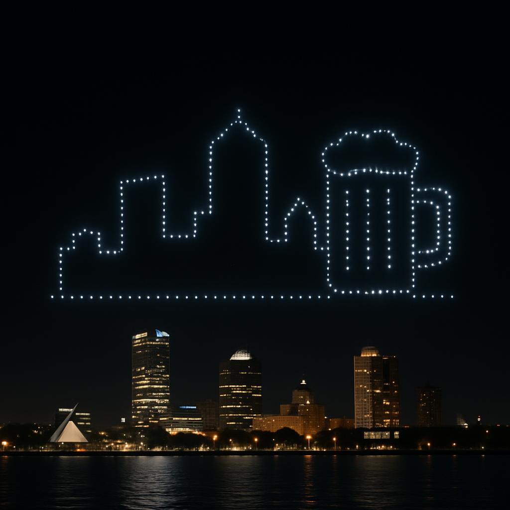 Glyphix drone light show over Milwaukee skyline