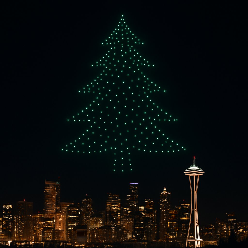 Glyphix drone light show over Seattle skyline