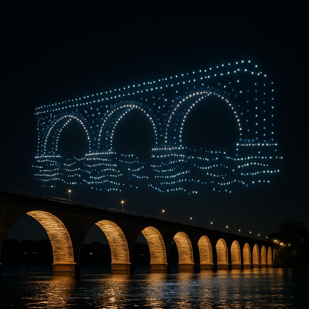 Glyphix drone light show over Stone Arch Bridge