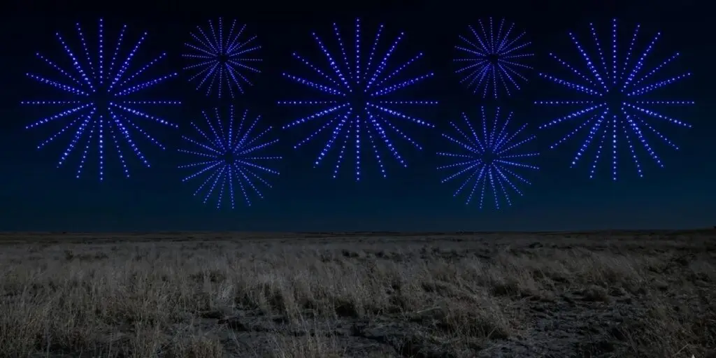 Professional drone light shows as fireworks alternatives for 2026 during burn bans.